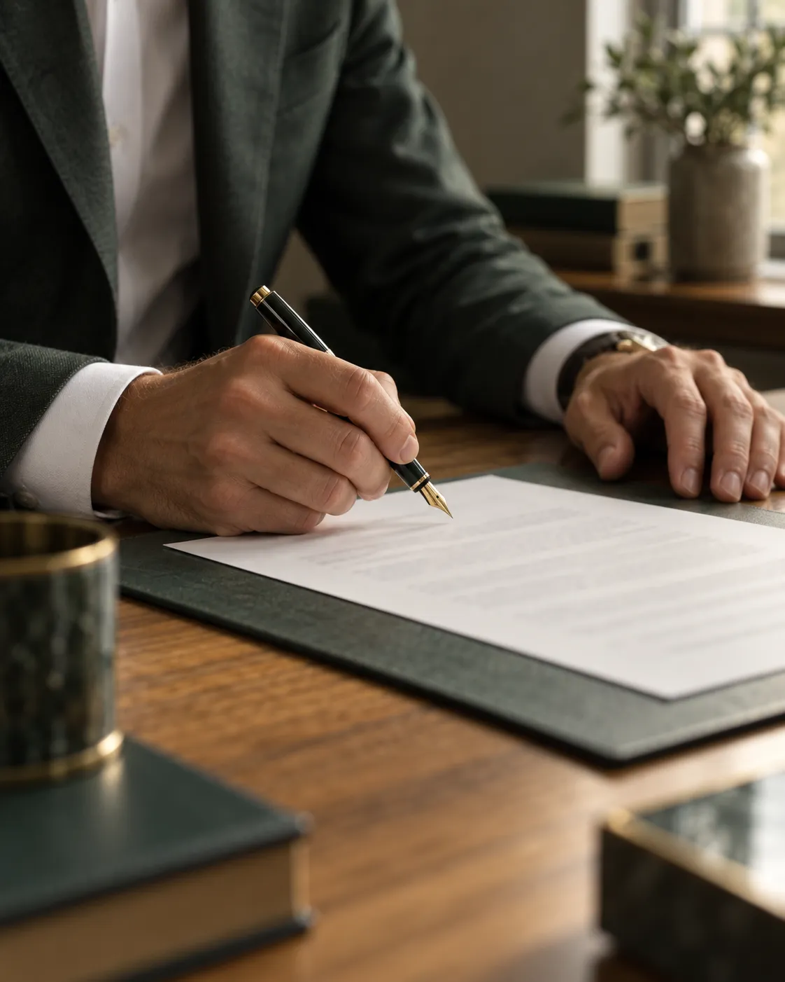 An advisor signing a document at an oak desk