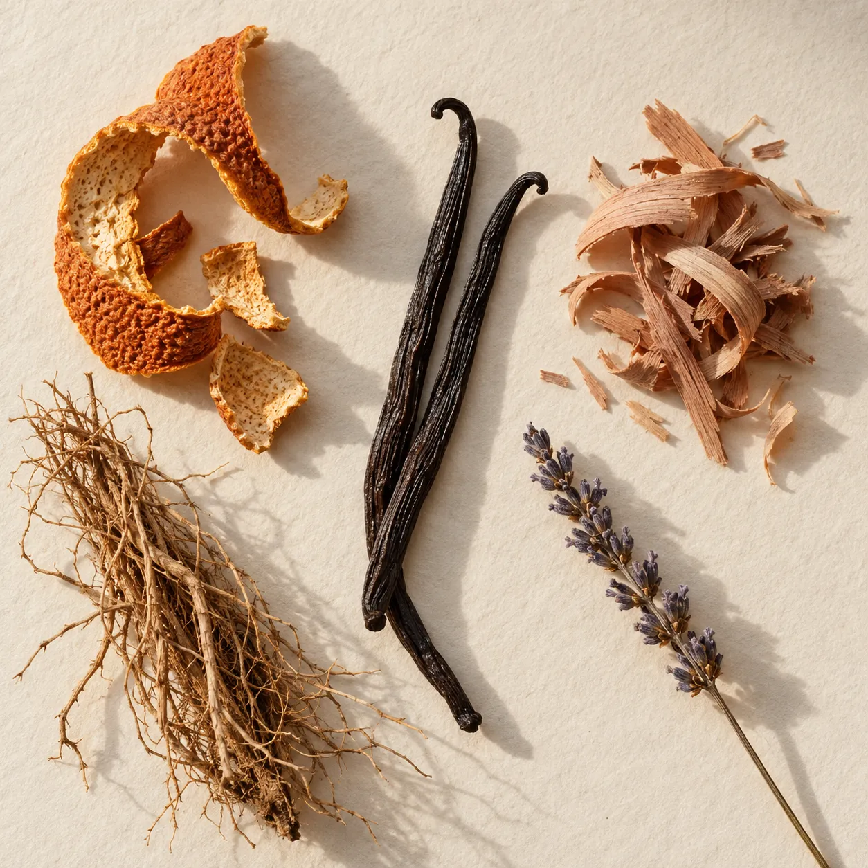 Dried orange peel, vetiver root, vanilla pods and cedar shavings